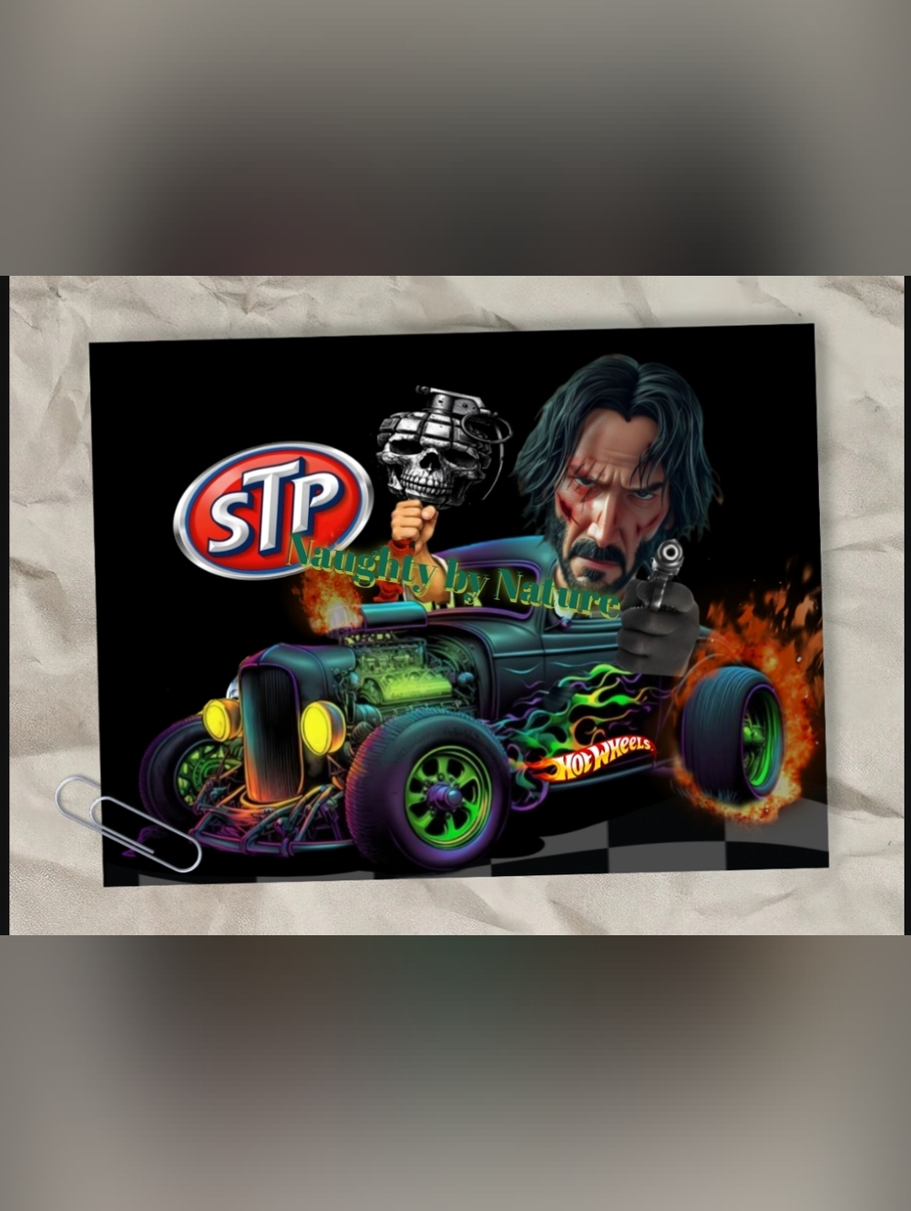 STP x Hot Wheels Neon John Wick Green Flame Hot Rod Racer Metal Sign Death Skull